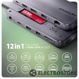 AXAGON HMC-12GM2 hub USB 12 in1 10Gbps, 3x USB-A, USB-C, HDMI, DP, RJ-45, M.2, SD/mSD, audio, PD