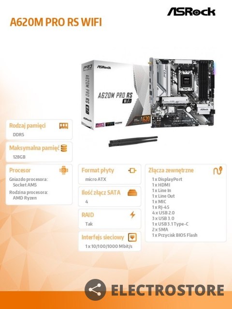 ASRock Płyta główna A620M PRO RS WIFI AM5 4DDR5 HDMI/DP M.2 mATX ASRock Płyta główna A620M PRO RS WIFI AM5 4DDR5 HDMI/DP M.2 mATX