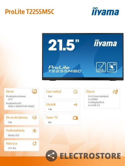 IIYAMA Monitor 21.5 cala T2255MSC-B1 POJ.10PKT.IPS,HDMI,DP,2xUSB 3.0 IIYAMA Monitor 21.5 cala T2255MSC-B1 POJ.10PKT.IPS,HDMI,DP,2xUSB 3.0
