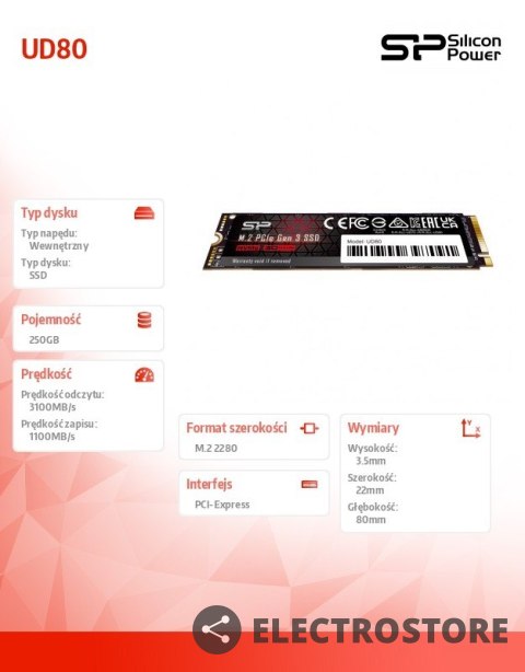 Silicon Power Dysk SSD UD80 250GB PCIe M.2 2280 Gen 3x4 3100/1100 MB/s Silicon Power Dysk SSD UD80 250GB PCIe M.2 2280 Gen 3x4 3100/1100 MB/s