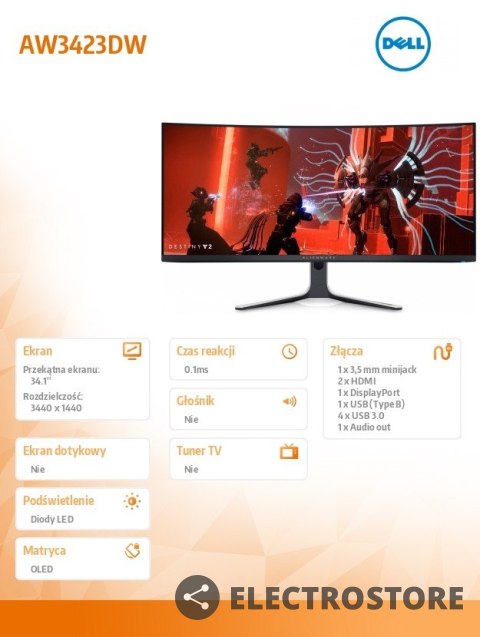 Dell Monitor Alienware AW3423DW 34.1 cali Curved NVIDIA G-Sync Ultimate 175Hz OLED QHD (3440x1440) /21:9/DP/2xHDMI/5xUSB 3.2/3Y AES&P Dell Monitor Alienware AW3423DW 34.1 cali Curved NVIDIA G-Sync Ultimate 175Hz OLED QHD (3440x1440) /21:9/DP/2xHDMI/5xUSB 3.2/3Y AES&P
