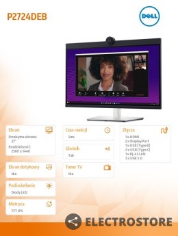 Dell Monitor P2724DEB 27 cali LED IPS QHD (2560x1440)/16:9/HDMI/DP/RJ-45/Kamera/Głośniki/Mikrofon/3YPPG