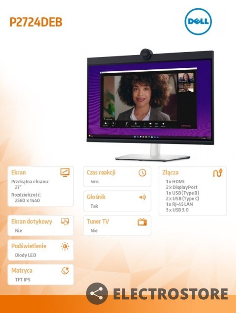 Dell Monitor P2724DEB 27 cali LED IPS QHD (2560x1440)/16:9/HDMI/DP/RJ-45/Kamera/Głośniki/Mikrofon/3YPPG Dell Monitor P2724DEB 27 cali LED IPS QHD (2560x1440)/16:9/HDMI/DP/RJ-45/Kamera/Głośniki/Mikrofon/3YPPG