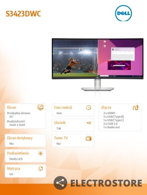 Dell Monitor S3423DWC 34 cali Curved AMD FreeSync VA LED 100Hz WQHD (3440x1440)/2xHDMI/USB-C/USB/Anti-glare 3H hardness/3Y AES&PPE Dell Monitor S3423DWC 34 cali Curved AMD FreeSync VA LED 100Hz WQHD (3440x1440)/2xHDMI/USB-C/USB/Anti-glare 3H hardness/3Y AES&PPE