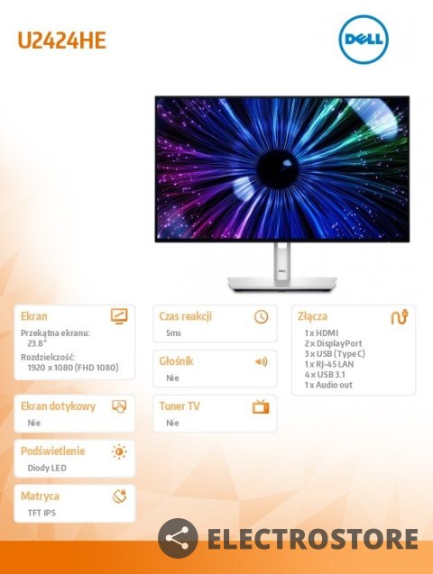 Dell Monitor U2424HE 23.8 cala IPS LED FHD(1920x1080)/16:9/HDMI/DP/USB-C/USB/RJ-45/3Y Dell Monitor U2424HE 23.8 cala IPS LED FHD(1920x1080)/16:9/HDMI/DP/USB-C/USB/RJ-45/3Y