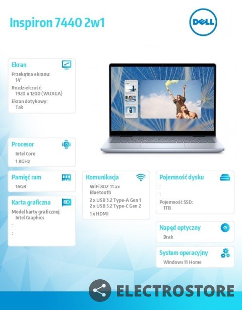Dell Notebook Inspiron 7440 2w1 W11Home Ultra 7150U/1TB/16GB/Zintegrowana/3Y NBD Dell Notebook Inspiron 7440 2w1 W11Home Ultra 7150U/1TB/16GB/Zintegrowana/3Y NBD