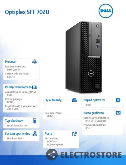 Dell Komputer Optiplex SFF/Core i3-14100/8GB/512GB SSD/Integrated/WLAN + BT/Kb/Mouse/W11Pro Dell Komputer Optiplex SFF/Core i3-14100/8GB/512GB SSD/Integrated/WLAN + BT/Kb/Mouse/W11Pro
