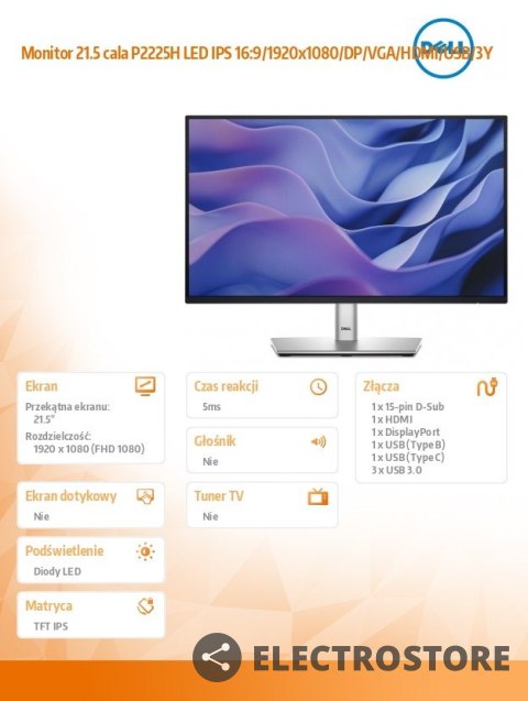 Dell Monitor 21.5 cala P2225H LED IPS 16:9/1920x1080/DP/VGA/HDMI/USB/3Y Dell Monitor 21.5 cala P2225H LED IPS 16:9/1920x1080/DP/VGA/HDMI/USB/3Y