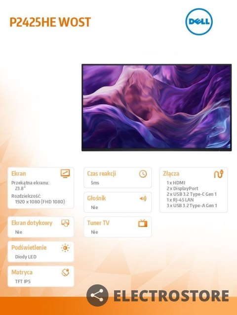 Dell Monitor 23.8 cala P2425HEWO IPS 1920x1080/16:9/HDMI/DP/USBC/RJ45/USB/No stand/3Y Dell Monitor 23.8 cala P2425HEWO IPS 1920x1080/16:9/HDMI/DP/USBC/RJ45/USB/No stand/3Y