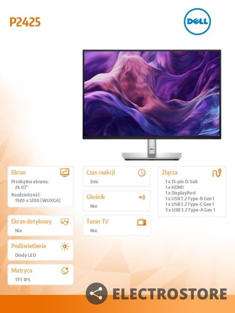 Dell Monitor 24.07 cala P2425 IPS 16:10 WUXGA/HDMI/USBC/DP/VGA/USB/5Y Dell Monitor 24.07 cala P2425 IPS 16:10 WUXGA/HDMI/USBC/DP/VGA/USB/5Y