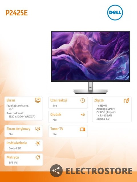 Dell Monitor 24 cale P2425E 16:10 WUXGA/HDMI/USBC/DP/RJ45/USB/3Y Dell Monitor 24 cale P2425E 16:10 WUXGA/HDMI/USBC/DP/RJ45/USB/3Y
