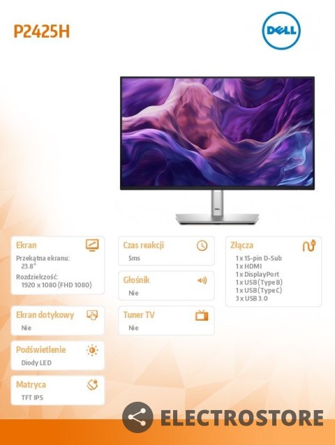 Dell Monitor 24 cale P2425H LED IPS 1920x1080/16:9/HDMI/DP/VGA/USB-C/USB/5Y Dell Monitor 24 cale P2425H LED IPS 1920x1080/16:9/HDMI/DP/VGA/USB-C/USB/5Y