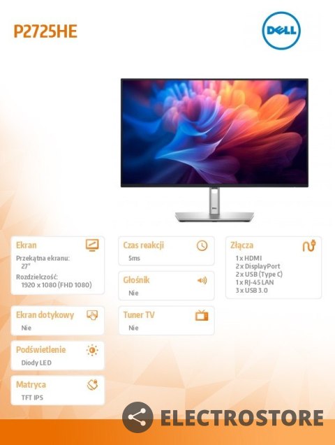 Dell Monitor 27 caliP2725HE IPS LED Full HD(1920x1080)/16:9/HDMI/DP/USB-C/USB/RJ45/5Y Dell Monitor 27 caliP2725HE IPS LED Full HD(1920x1080)/16:9/HDMI/DP/USB-C/USB/RJ45/5Y