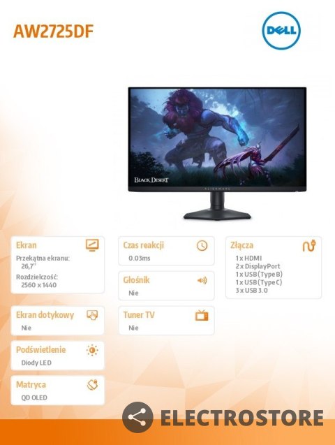 Dell Monitor AW2725DF 27 cali AMD FreeSync/QD-OLED/360Hz/QHD(2560x1440)/16:9/DP/HDMI/USB-C/USB/3Y Dell Monitor AW2725DF 27 cali AMD FreeSync/QD-OLED/360Hz/QHD(2560x1440)/16:9/DP/HDMI/USB-C/USB/3Y