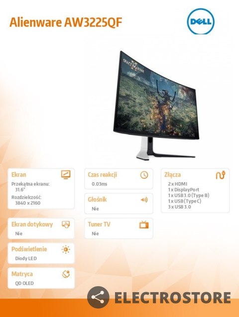 Dell Monitor AW3225QF 31.6 cala Curved NVIDIA G-Sync Compatible 240Hz OLED 4K (3840x2160)/16:9/2xHDMI/5xUSB 3.2/3Y AES&PPE Dell Monitor AW3225QF 31.6 cala Curved NVIDIA G-Sync Compatible 240Hz OLED 4K (3840x2160)/16:9/2xHDMI/5xUSB 3.2/3Y AES&PPE