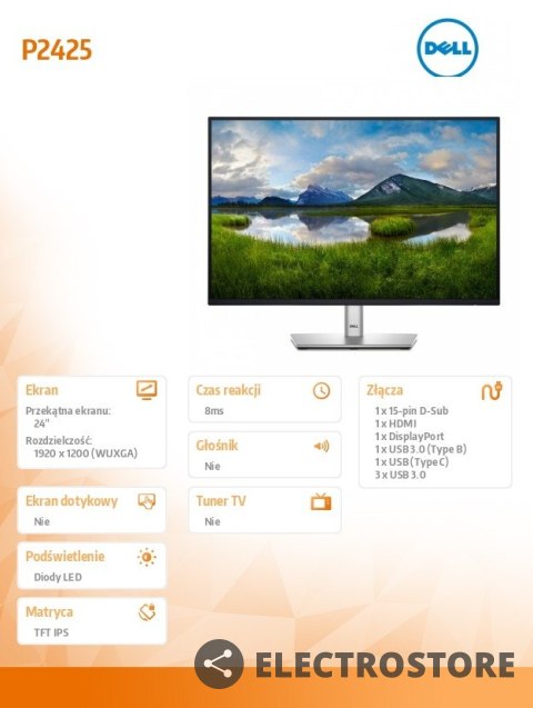 Dell Monitor P2425 24 cale IPS 16:10 WUXGA/HDMI/USBC/DP/VGA/USB/3Y Dell Monitor P2425 24 cale IPS 16:10 WUXGA/HDMI/USBC/DP/VGA/USB/3Y