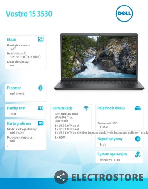 Dell Notebook Vostro 15 (3530) Win11Pro i5-1334U/16GB/512GB SSD/15.6 FHD 120Hz/Intel Iris Xe/FgrPr/FHD Cam/Mic/WLAN + BT/Backlit Kb/3 Dell Notebook Vostro 15 (3530) Win11Pro i5-1334U/16GB/512GB SSD/15.6 FHD 120Hz/Intel Iris Xe/FgrPr/FHD Cam/Mic/WLAN + BT/Backlit Kb/3
