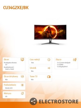 AOC Monitor 34 cale CU34G2XE 34 cale VA Zakrzywiony 144Hz HDMI DP