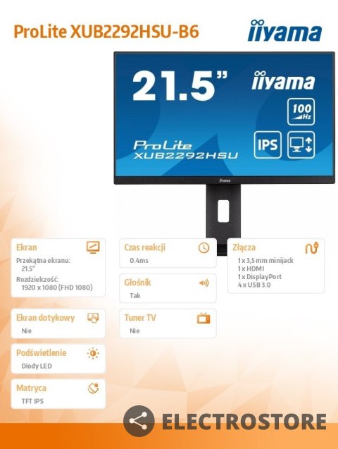 IIYAMA Monitor 21.5 cala XUB2292HSU-B6 IPS,100Hz,FreeSync,PIVOT,0.4ms,HDMI, DP,4xUSB(3.2),2x2W,HAS(150mm) IIYAMA Monitor 21.5 cala XUB2292HSU-B6 IPS,100Hz,FreeSync,PIVOT,0.4ms,HDMI, DP,4xUSB(3.2),2x2W,HAS(150mm)