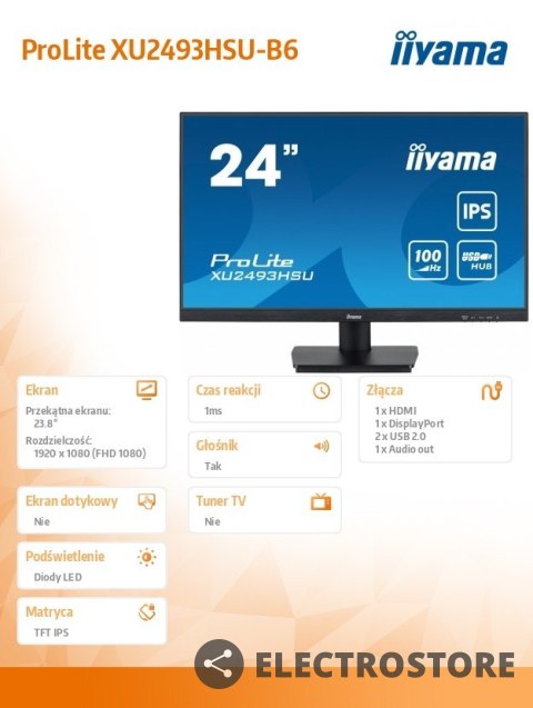 IIYAMA Monitor 23.8 cala ProLite XU2493HSU-B6 IPS.HDMI.DP.2x2W.USBx2.FHD.SLIM.100Hz IIYAMA Monitor 23.8 cala ProLite XU2493HSU-B6 IPS.HDMI.DP.2x2W.USBx2.FHD.SLIM.100Hz