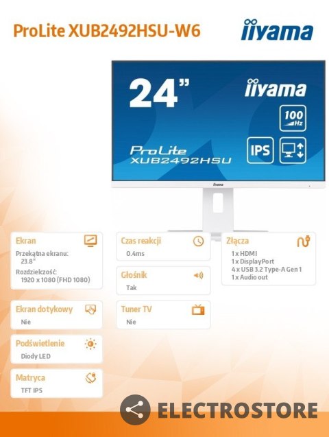IIYAMA Monitor 23.8 cala XUB2492HSU-W6 IPS,HDMI,DP,100Hz,SLIM,HAS(150mm),4xUSB IIYAMA Monitor 23.8 cala XUB2492HSU-W6 IPS,HDMI,DP,100Hz,SLIM,HAS(150mm),4xUSB