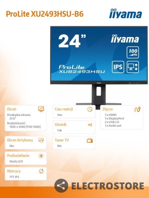 IIYAMA Monitor 23.8 cala XUB2493HSU-B6 IPS.HDMI.DP.2x2W.USBx2.SLIM.HAS(150mm) IIYAMA Monitor 23.8 cala XUB2493HSU-B6 IPS.HDMI.DP.2x2W.USBx2.SLIM.HAS(150mm)