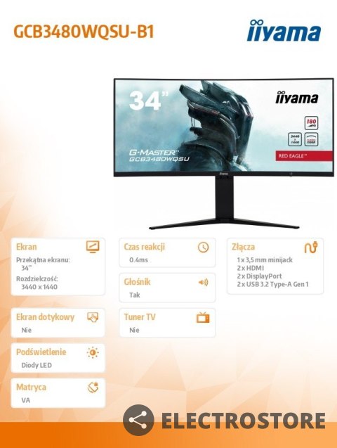 IIYAMA Monitor 34 cale GCB3480WQSU-B1 VA,UWQHD,180HZ,0.4ms,1500R(Curved), 2xHDMI,2xDP,2xUSB 3.2,2x3W,HDR400,HAS(110mm),VESA(100x100mm IIYAMA Monitor 34 cale GCB3480WQSU-B1 VA,UWQHD,180HZ,0.4ms,1500R(Curved), 2xHDMI,2xDP,2xUSB 3.2,2x3W,HDR400,HAS(110mm),VESA(100x100mm