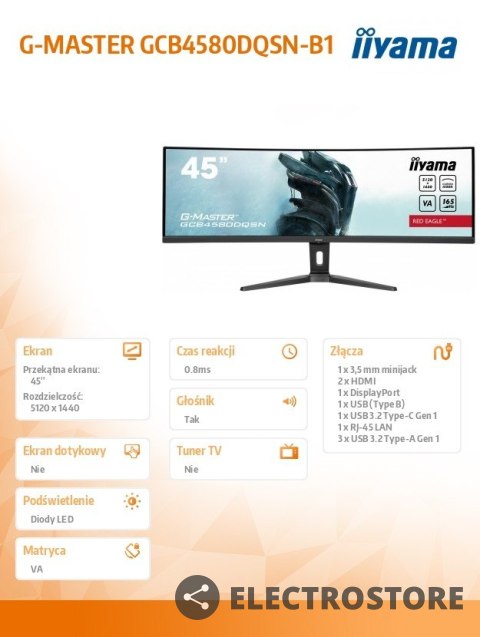IIYAMA Monitor 45 cali G-Master GCB4580DQSN-B1, VA,DQHD,165HZ,USB-C-DOCK,RJ45,32:9, 1500R,450cd/m2,3000:1,0.8ms,3xUSB,2xHDMI,1xDP,2x3W IIYAMA Monitor 45 cali G-Master GCB4580DQSN-B1, VA,DQHD,165HZ,USB-C-DOCK,RJ45,32:9, 1500R,450cd/m2,3000:1,0.8ms,3xUSB,2xHDMI,1xDP,2x3W