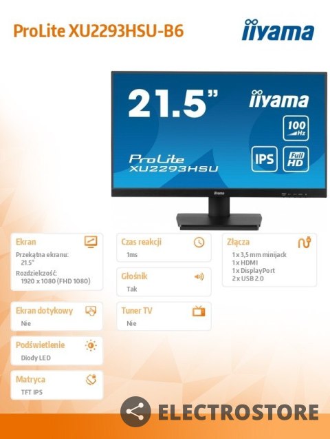 IIYAMA Monitor ProLite XU2293HSU-B6 21.5 cala IPS,100Hz,FHD,1ms,HDMI,DP,2xUSB,2x2W, FreeSync IIYAMA Monitor ProLite XU2293HSU-B6 21.5 cala IPS,100Hz,FHD,1ms,HDMI,DP,2xUSB,2x2W, FreeSync