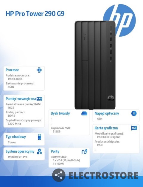 HP Inc. Komputer stacjonarny 290 Tower G9 i5-12500 512GB/16GB/DVDR/W11P 9H6A9ET HP Inc. Komputer stacjonarny 290 Tower G9 i5-12500 512GB/16GB/DVDR/W11P 9H6A9ET