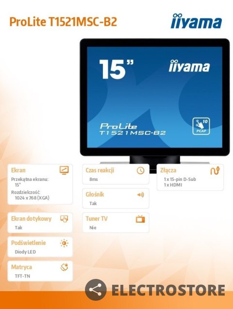 IIYAMA Monitor 15 cali T1521MSC-B2 POJEMN.10PKT.TN,7H,IP65(front),VGA,HDMI,2x2W,4:3,VESA IIYAMA Monitor 15 cali T1521MSC-B2 POJEMN.10PKT.TN,7H,IP65(front),VGA,HDMI,2x2W,4:3,VESA
