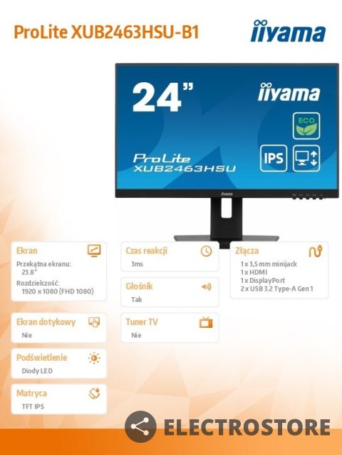 IIYAMA Monitor 23.8 cala ProLite XUB2463HSU-B1 IPS,100HZ,ECO,3ms,SLIM,HDMI,DP,2x USB3.22x2W,HAS(150mm),TCO,EPEAT IIYAMA Monitor 23.8 cala ProLite XUB2463HSU-B1 IPS,100HZ,ECO,3ms,SLIM,HDMI,DP,2x USB3.22x2W,HAS(150mm),TCO,EPEAT