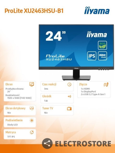 IIYAMA Monitor 24 cale XU2463HSU-B1 IPS,100HZ,ECO,3ms,SLIM,HDMI,DP,2x USB3.2 ,TCO,EPEAT IIYAMA Monitor 24 cale XU2463HSU-B1 IPS,100HZ,ECO,3ms,SLIM,HDMI,DP,2x USB3.2 ,TCO,EPEAT