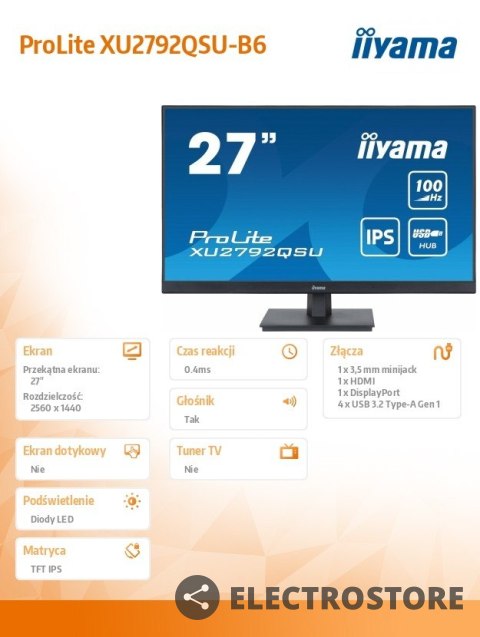 IIYAMA Monitor 27 cali ProLite XU2792QSU-B6 IPS,QHD,100Hz,HDMI,DP,4xUSB3.2,SLIM IIYAMA Monitor 27 cali ProLite XU2792QSU-B6 IPS,QHD,100Hz,HDMI,DP,4xUSB3.2,SLIM