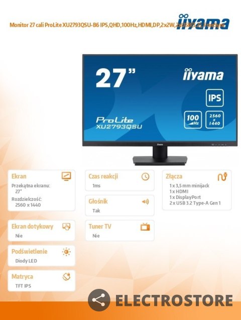 IIYAMA Monitor 27 cali ProLite XU2793QSU-B6 IPS,QHD,100Hz,HDMI,DP,2x2W,2xUSB(3.2), FreeSync IIYAMA Monitor 27 cali ProLite XU2793QSU-B6 IPS,QHD,100Hz,HDMI,DP,2x2W,2xUSB(3.2), FreeSync