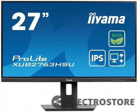 IIYAMA Monitor 27 cali ProLite XUB2763HSU-B1 IPS,100HZ,ECO,3ms,SLIM,HDMI,DP,2x USB3.22x2W,HAS(150mm),TCO,EPEAT