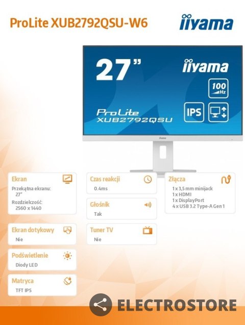 IIYAMA Monitor 27 cali ProLite XUB2792QSU-W6 IPS,QHD,HAS(150mm),100Hz,4xUSB3.2,SLIM IIYAMA Monitor 27 cali ProLite XUB2792QSU-W6 IPS,QHD,HAS(150mm),100Hz,4xUSB3.2,SLIM