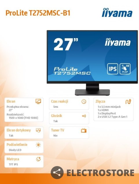 IIYAMA Monitor 27 cali T2752MSC-B1 10 PKT. POJ,IPS,HDMI,DP,2x2USB(3.2),2x1W400cd/m2,7H, IIYAMA Monitor 27 cali T2752MSC-B1 10 PKT. POJ,IPS,HDMI,DP,2x2USB(3.2),2x1W400cd/m2,7H,