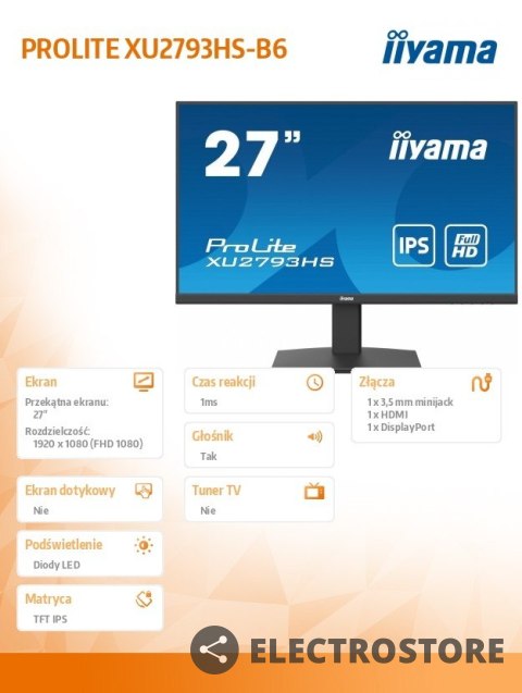 IIYAMA Monitor 27 cali XU2793HS-B6 IPS,HDMI,DP,ACR,2x2W IIYAMA Monitor 27 cali XU2793HS-B6 IPS,HDMI,DP,ACR,2x2W