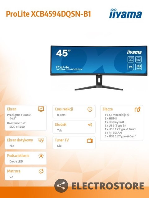 IIYAMA Monitor 44.5 cala XCB4594DQSN-B1 VA,DQHD,165HZ,USB-C-DOCK,RJ45,32:9,1500R,450cd/m2,3000:1,0.8ms,3xUSB,2xHDMI,1xDP,2x3W,PowerDeli IIYAMA Monitor 44.5 cala XCB4594DQSN-B1 VA,DQHD,165HZ,USB-C-DOCK,RJ45,32:9,1500R,450cd/m2,3000:1,0.8ms,3xUSB,2xHDMI,1xDP,2x3W,PowerDeli