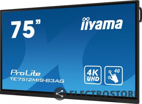IIYAMA Monitor 75 cali ProLite TE7512MIS-B3AG,INFRARED,40pkt,IPS,4K, 24/7, 7H, WiFi,VGA, HDMI, USB-c, Bluetooth,metal,8ms, vesa, głośni IIYAMA Monitor 75 cali ProLite TE7512MIS-B3AG,INFRARED,40pkt,IPS,4K, 24/7, 7H, WiFi,VGA, HDMI, USB-c, Bluetooth,metal,8ms, vesa, głośni