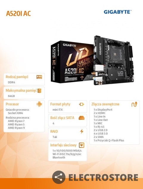 Gigabyte Płyta główna A520I AC AM4 2DDR4 DP/2HDMI mITX Gigabyte Płyta główna A520I AC AM4 2DDR4 DP/2HDMI mITX