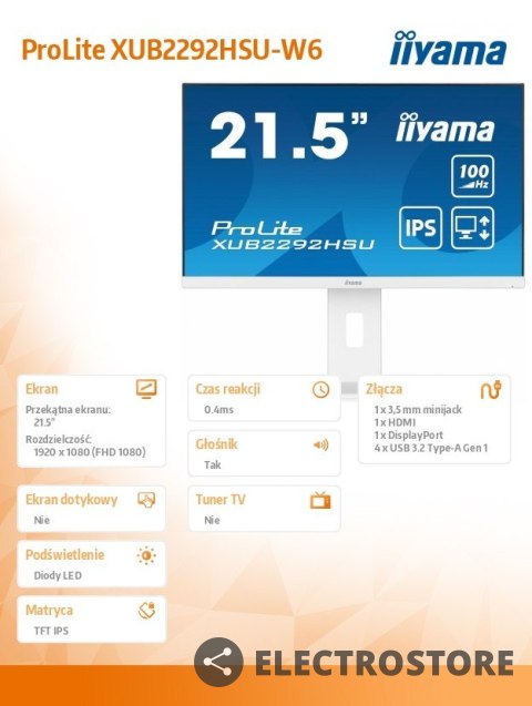 IIYAMA Monitor 21.5 cala ProLite XUB2292HSU-W6 IPS,100Hz,FreeSync,PIVOT,0.4ms,HDMI, DP,4xUSB(3.2),2x2W,HAS(150mm), Biały IIYAMA Monitor 21.5 cala ProLite XUB2292HSU-W6 IPS,100Hz,FreeSync,PIVOT,0.4ms,HDMI, DP,4xUSB(3.2),2x2W,HAS(150mm), Biały