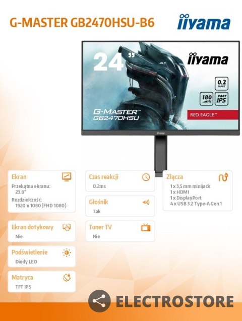 IIYAMA Monitor 24 cale GB2470HSU-B6 0.2ms,IPS,DP,HDMI,180Hz IIYAMA Monitor 24 cale GB2470HSU-B6 0.2ms,IPS,DP,HDMI,180Hz