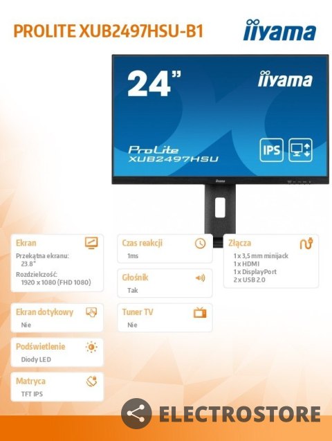 IIYAMA Monitor 24 cale XUB2497HSU-B1 IPS.HDMI.DP.2x2W.2xUSB(2.0).HAS(150mm). 250cd.1ms.100Hz /5y/ IIYAMA Monitor 24 cale XUB2497HSU-B1 IPS.HDMI.DP.2x2W.2xUSB(2.0).HAS(150mm). 250cd.1ms.100Hz /5y/