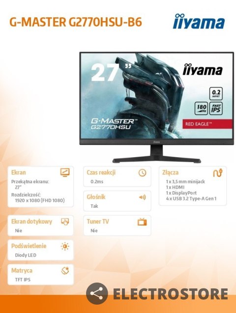 IIYAMA Monitor 27 cali G2770HSU-B6 0.2ms,IPS,DP,HDMI,180Hz IIYAMA Monitor 27 cali G2770HSU-B6 0.2ms,IPS,DP,HDMI,180Hz