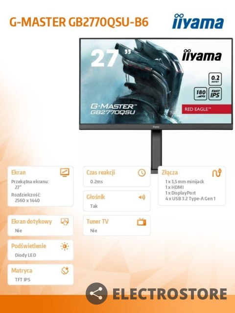 IIYAMA Monitor 27 cali GB2770QSU-B6 0.2ms,IPS,DP,HDMI,180Hz IIYAMA Monitor 27 cali GB2770QSU-B6 0.2ms,IPS,DP,HDMI,180Hz