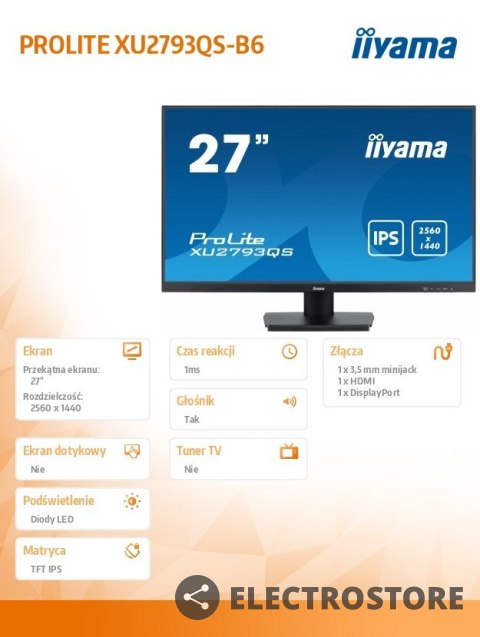 IIYAMA Monitor 27 cali XU2793QS-B6 IPS,QHD,100Hz,HDMI,DP IIYAMA Monitor 27 cali XU2793QS-B6 IPS,QHD,100Hz,HDMI,DP