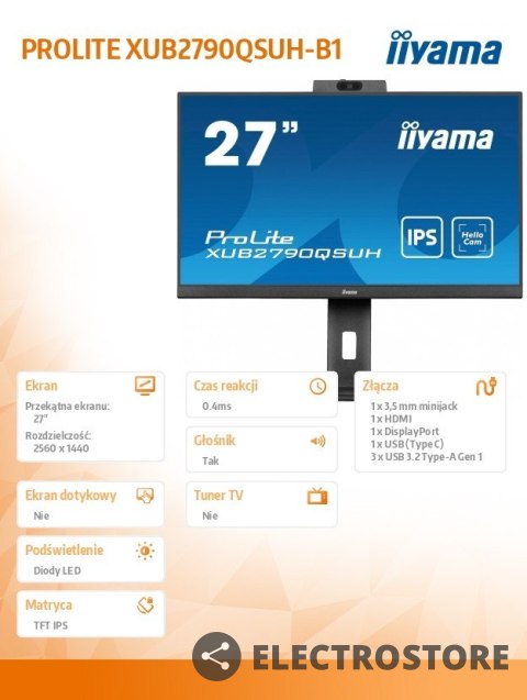 IIYAMA Monitor 27 cali XUB2790QSUH-B1 IPS,QHD,CAM,MIC,HDMI,DP,3xUSB(3.2), 100Hz,ADAPTIVE SYNC,FlickerFree,2x2W,WINDOWS HELLO IIYAMA Monitor 27 cali XUB2790QSUH-B1 IPS,QHD,CAM,MIC,HDMI,DP,3xUSB(3.2), 100Hz,ADAPTIVE SYNC,FlickerFree,2x2W,WINDOWS HELLO