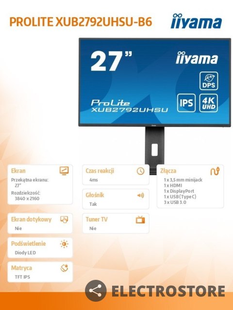 IIYAMA Monitor 27 cali XUB2792UHSU-B6,4K,IPS,DP,HDMI,USB-C IIYAMA Monitor 27 cali XUB2792UHSU-B6,4K,IPS,DP,HDMI,USB-C